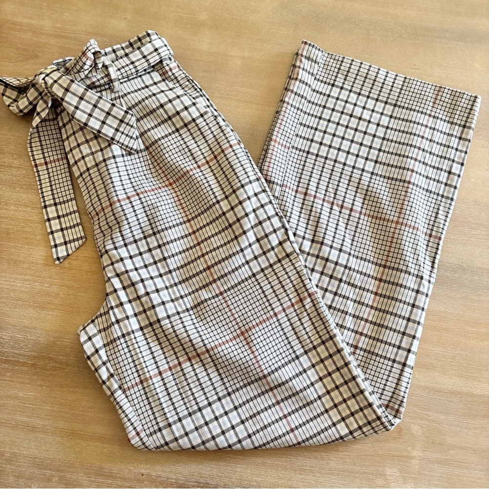 Forever 21 Beige Plaid Tie Waist Wide Leg Trousers, Small